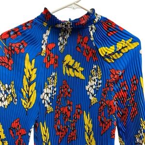 Belle Vere Pleated High Neck Balloon Sleeve Blue Floral Blouse